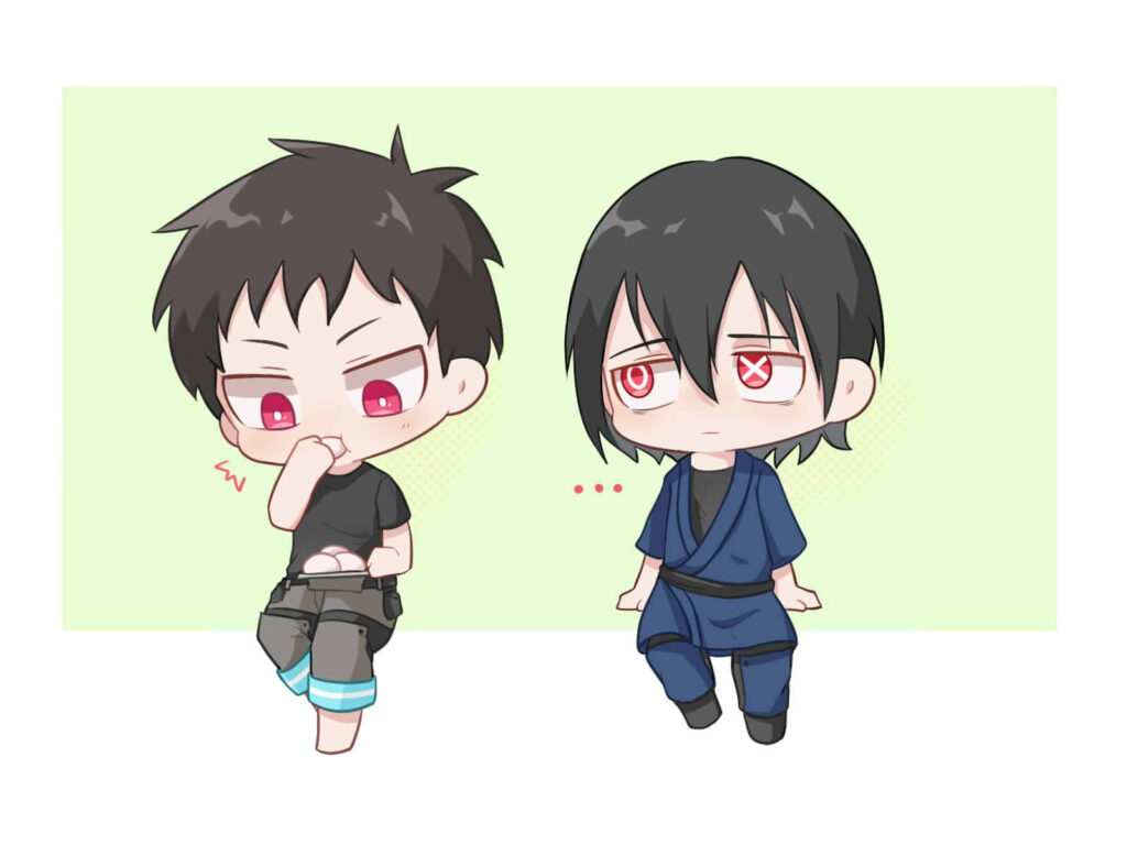 Chibi Shinra Kusakabe and Benimaru Shinmon Fire Force characters sitting cute playful wallpaper