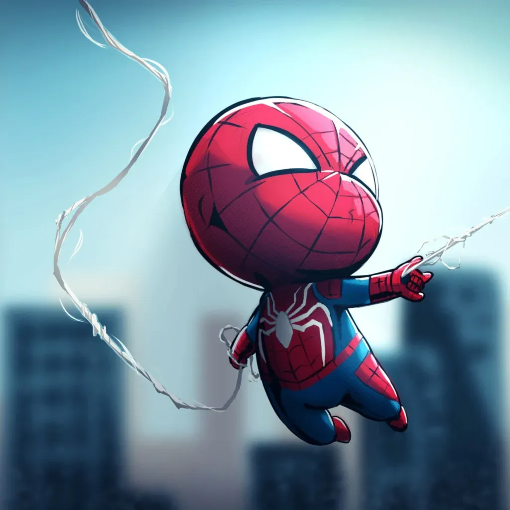 Chibi Spiderman swinging playfully over cityscape HD wallpaper for vibrant phone background