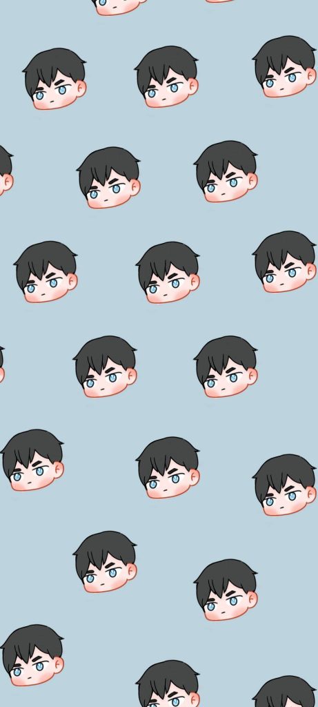 Chibi Tobio Kageyama Haikyuu wallpaper with repeating anime head on light blue background