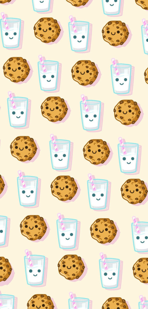 Playful wallpaper with smiling chocolate chip cookies and cheerful milk glasses on pastel background