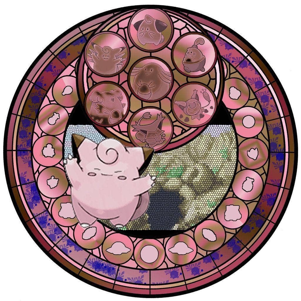 Cute Clefairy with evolution stained-glass Poké Ball window glowing in pink digital art wallpaper