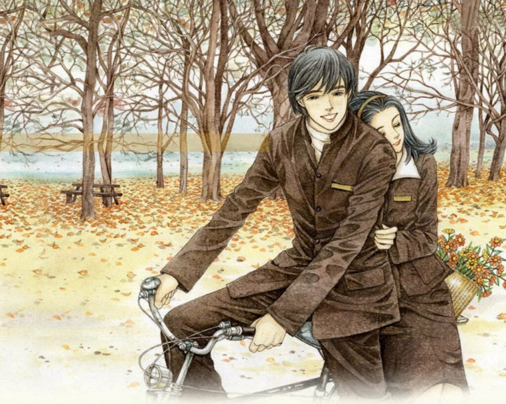 Autumn Romance: Adorable Couple Enjoys Bicycle Ride in Matching Attire at Lakeside Park Wallpaper