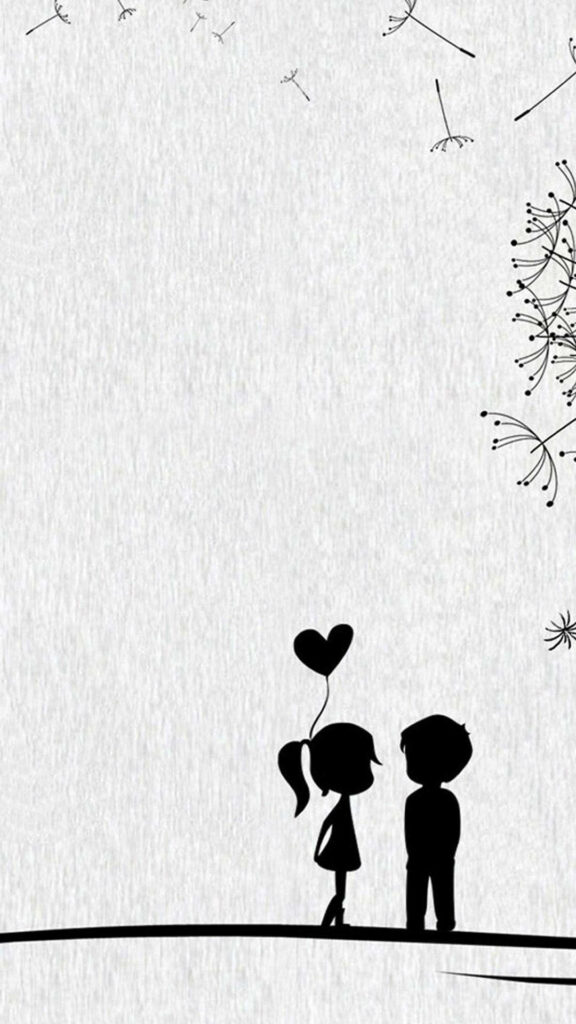 Love Blossoms: A Charming Monochrome Illustration of a Couple Embracing, Intertwined by a Heart Balloon Wallpaper