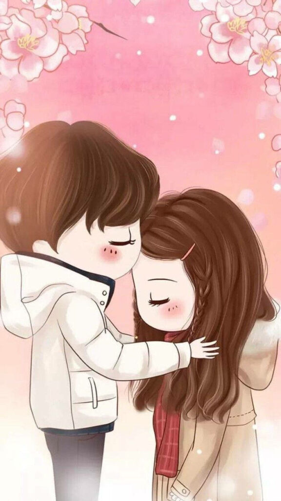 Love Blooms in Winter: Adorable Cartoon Couple Enjoys Pink Floral Delight Wallpaper
