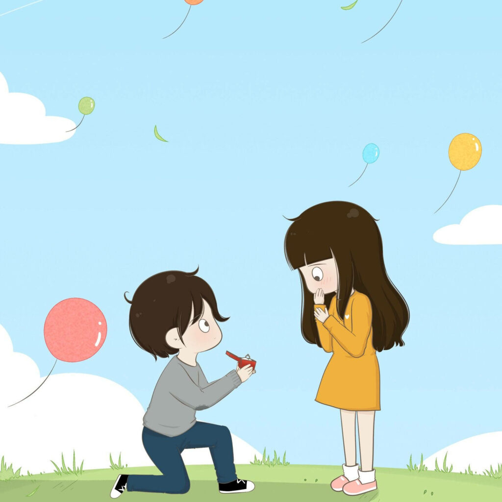 Romantic Balloon-filled Proposal: A Cartoon Love Story in the Fields Wallpaper