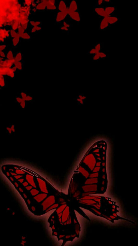 Blossoming Beauty: A Charming Dark Red Backdrop with Delicate Butterfly and Floating Petals Wallpaper