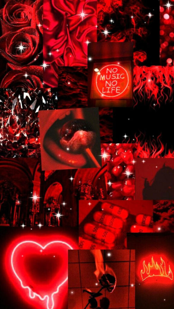 Vibrant Collage: Neon Signs Illuminating a Darling Scarlet Background Wallpaper