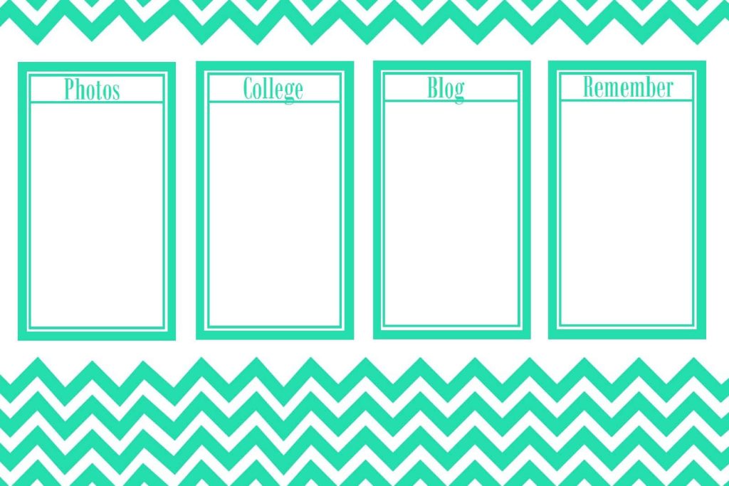 Desktop organizer wallpaper with green chevron waves and labeled frames for photos college blog remember