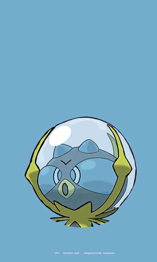 Dewpider Pokémon with glassy orb on simple blue background minimalist adorable wallpaper