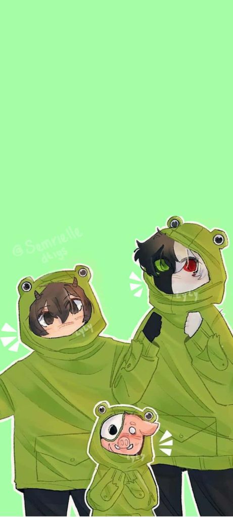 Dream SMP Tubbo Ranboo Technoblade in matching frog hoodies pastel anime wallpaper background