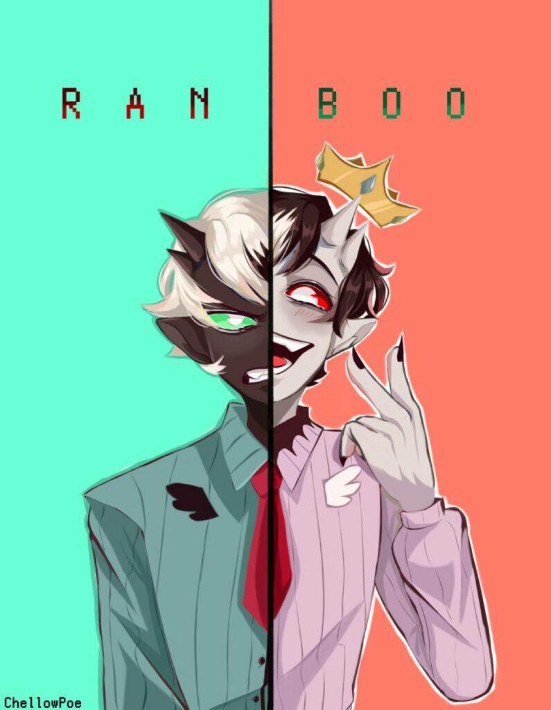 Duality of Ranboo: Exploring the Good and Bad Sides in a Whimsical Pink and Blue Pastel Landscape Wallpaper