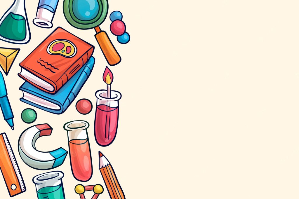 Cute education wallpaper with colorful books test tubes magnets and stationery on cream background