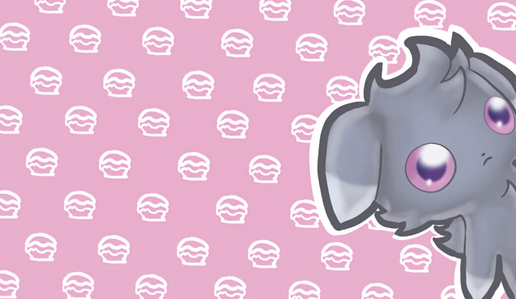 Gray Espurr with wide eyes peeking on pink background with white cupcakes whimsical wallpaper