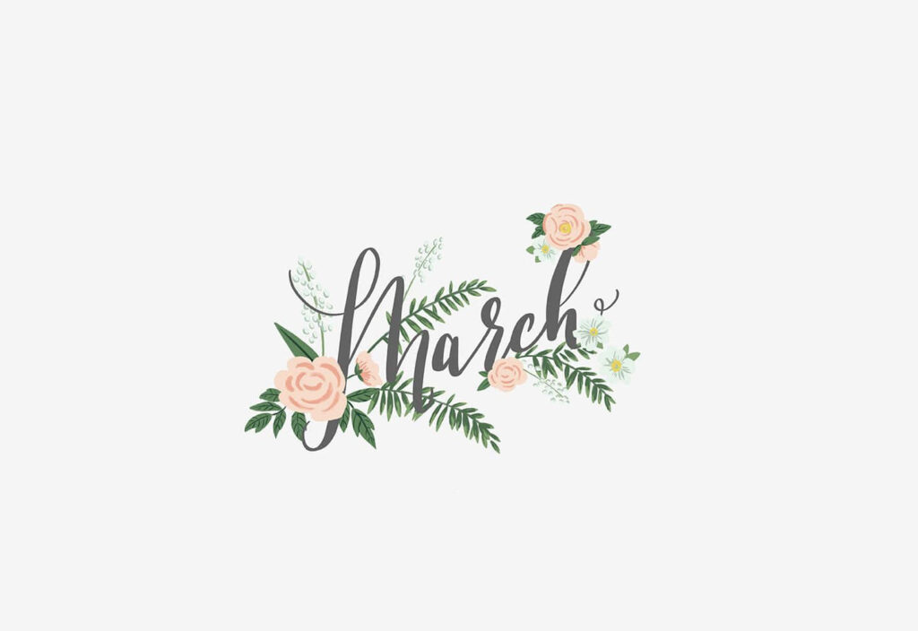 Delicate Botanical Accents Frame the Word March - Whimsical March Backdrop Wallpaper