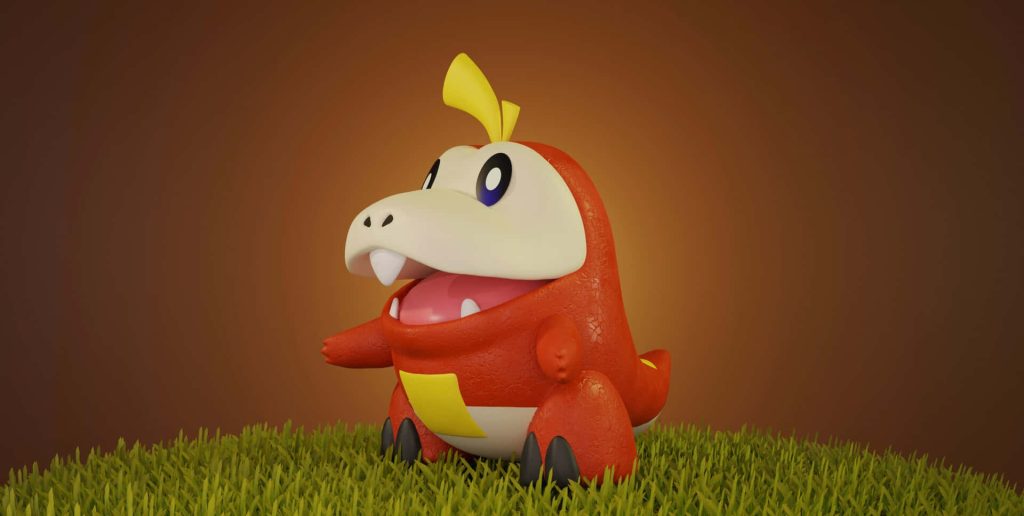 3D CGI Fuecoco Fire-type Pokémon sitting on green grass with warm gradient desktop wallpaper