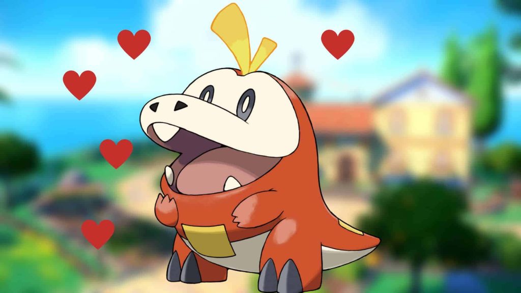Cute Fuecoco Fire-type Pokémon with red hearts soft background vibrant digital illustration Wallpaper