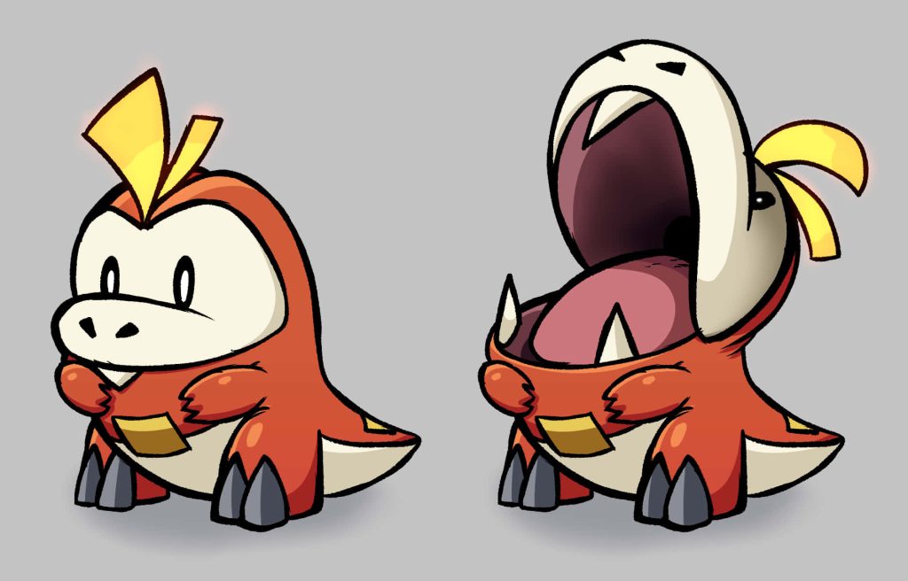 Two expressive Fuecoco Pokemon illustrations with vibrant colors on minimalist grey wallpaper background
