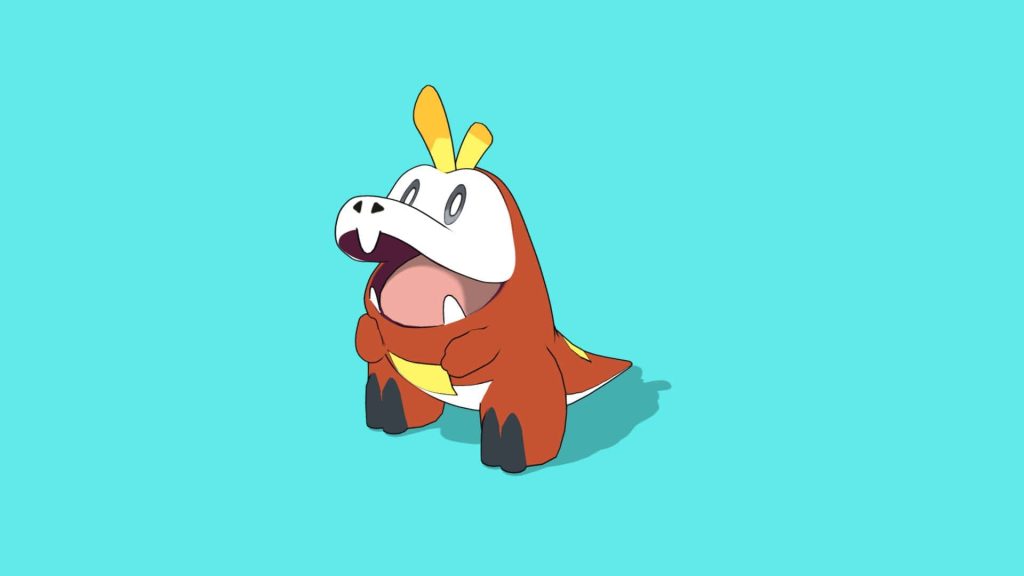 3D animated Fuecoco Pokémon Scarlet and Violet wallpaper vibrant sky blue background cute crocodile