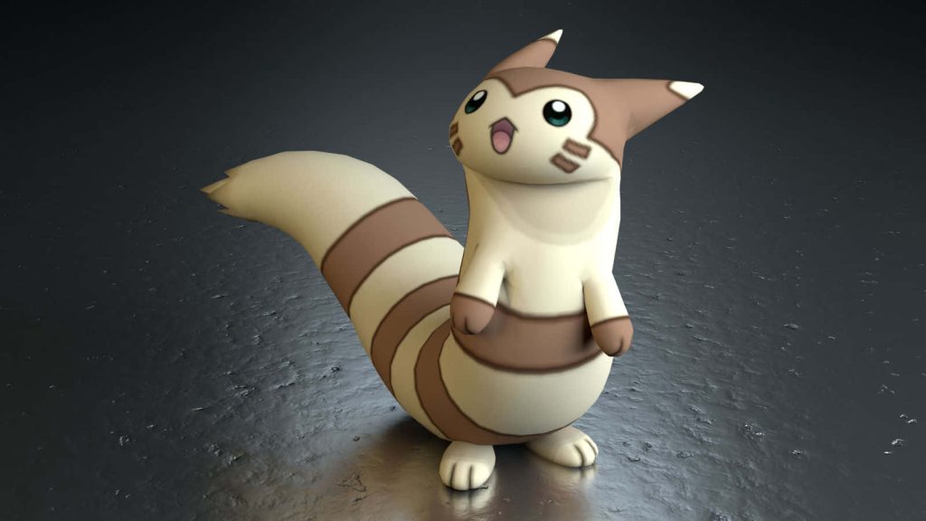 3D render of Furret Pokémon on sleek black reflective background with cheerful expression Wallpaper
