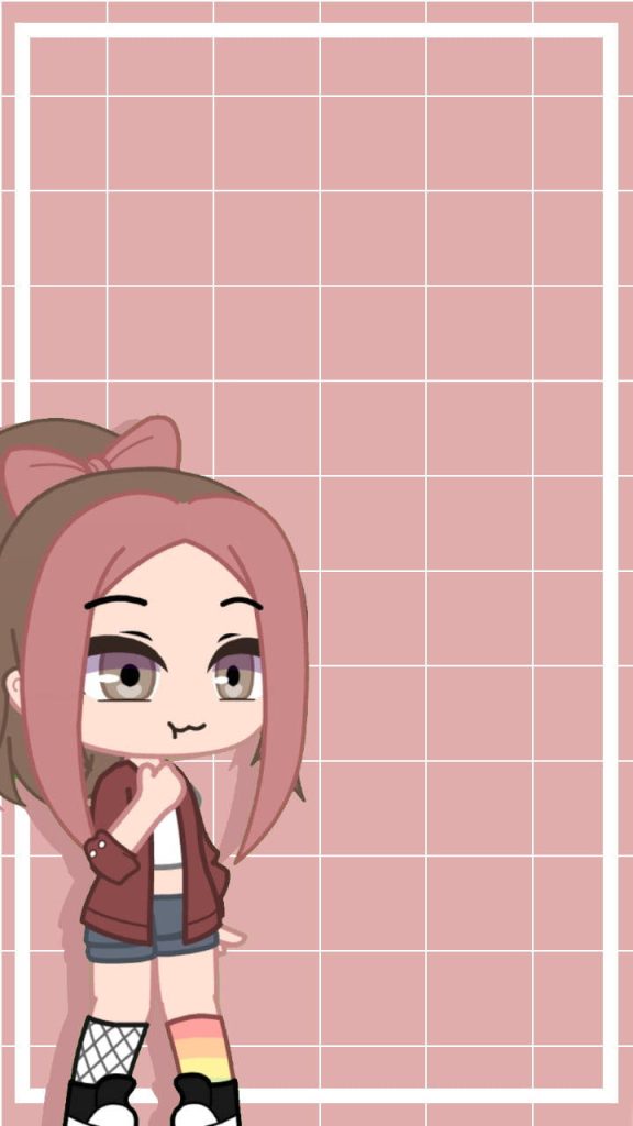 Gacha Club pink grid wallpaper with stylish anime character in brown jacket minimalist design