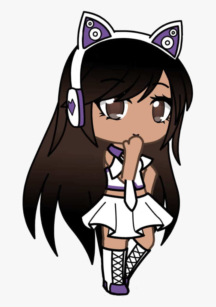 Chibi Gacha girl with long dark hair white purple outfit and wolf ear headset wallpaper background