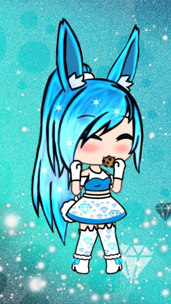 Gacha Life girl with blue hair rabbit ears eating cookie in diamond outfit on sparkly teal background Wallpaper