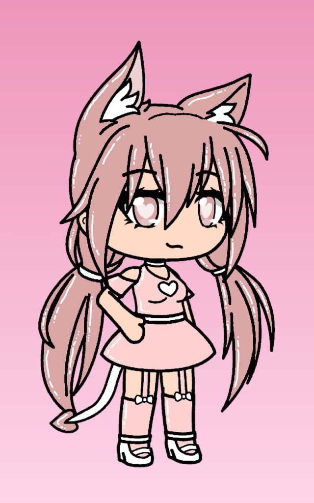 Cute Gacha Life pink-haired chibi with wolf ears in heart outfit on soft pink gradient background Wallpaper