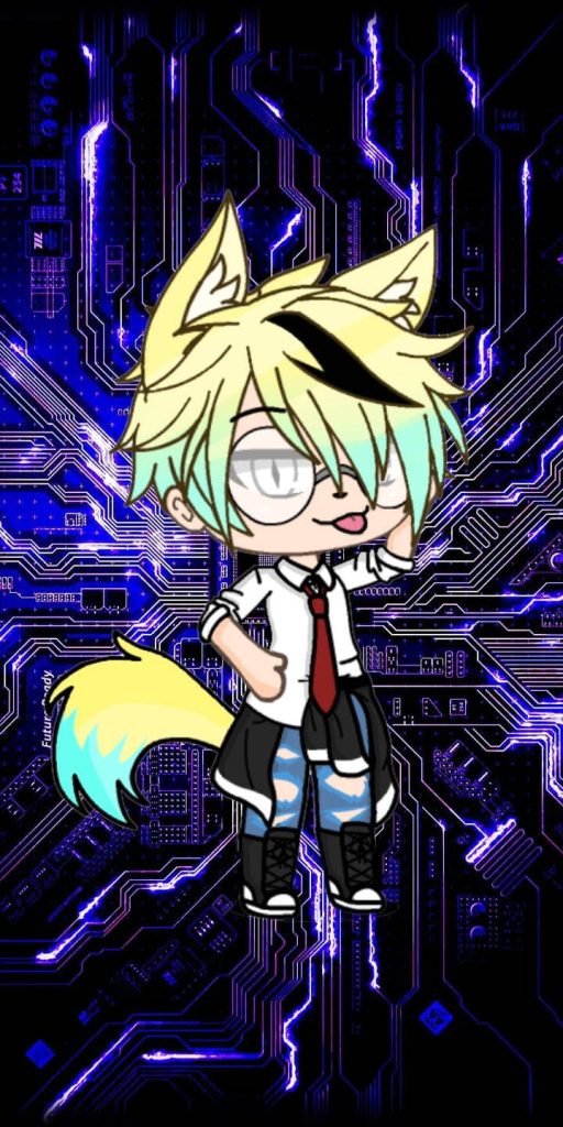 Cute Gacha Life wolf boy chibi with fluffy tail on vibrant blue circuit board wallpaper