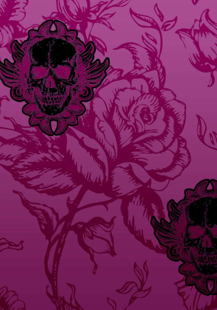 Cute Gothic Wallpaper: Black Skulls & Pink Floral Design Background