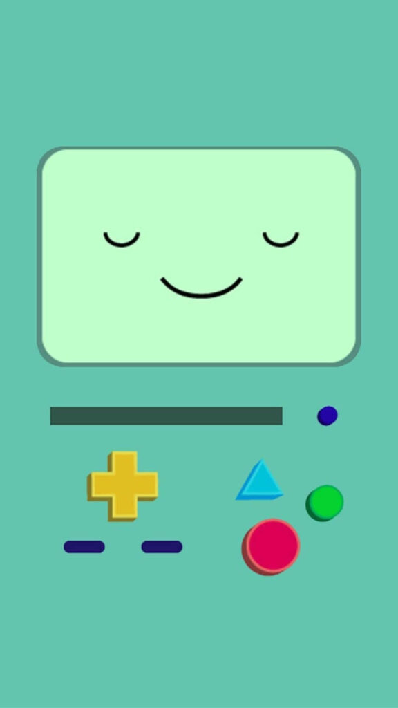 Cute green BMO Adventure Time wallpaper showing smiling BMO with colorful buttons on teal background