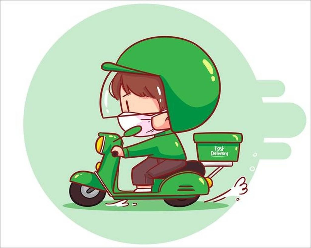 Chibi delivery rider on green scooter with fast delivery box in monochrome vector style wallpaper