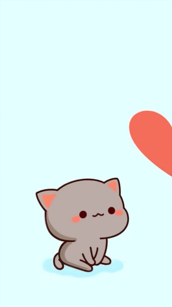 Chibi grey kitten with blushing cheeks gazing at red heart on soft blue background wallpaper