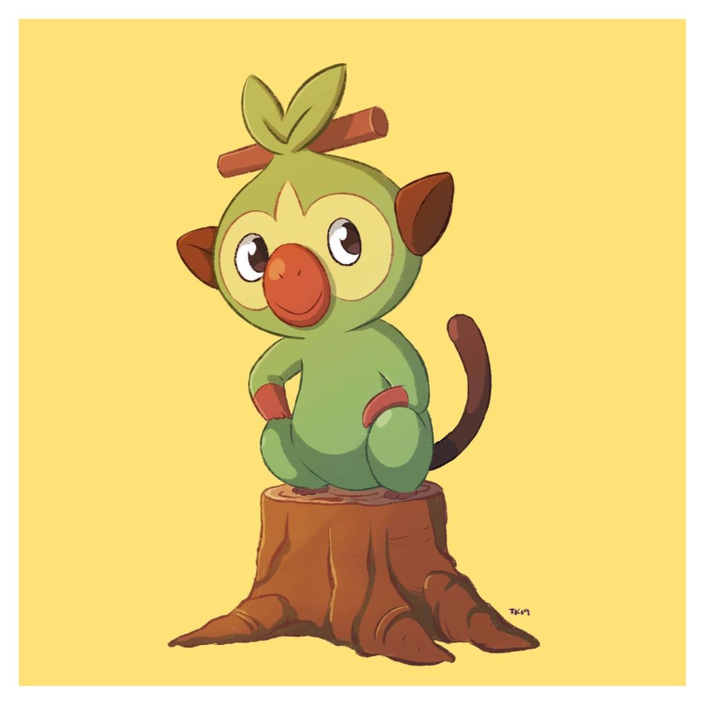 Grookey Pokémon sitting on tree stump with stick vibrant yellow background 2D illustration Wallpaper
