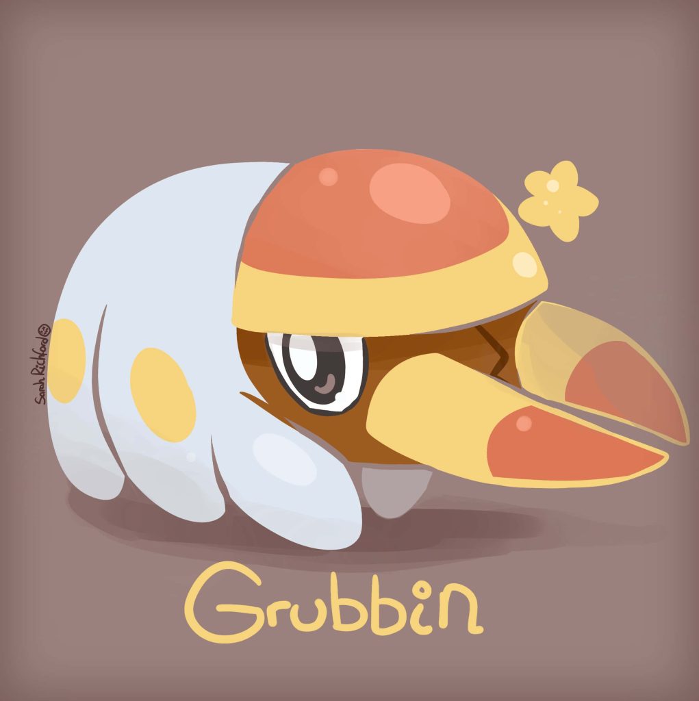 Cute digital illustration of Pokémon Grubbin with yellow mandibles and soft color palette wallpaper