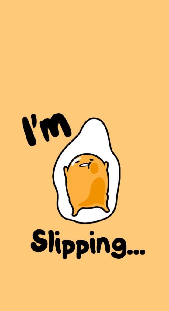 Cute Gudetama aesthetic wallpaper with lazy egg sliding on warm yellow background and text