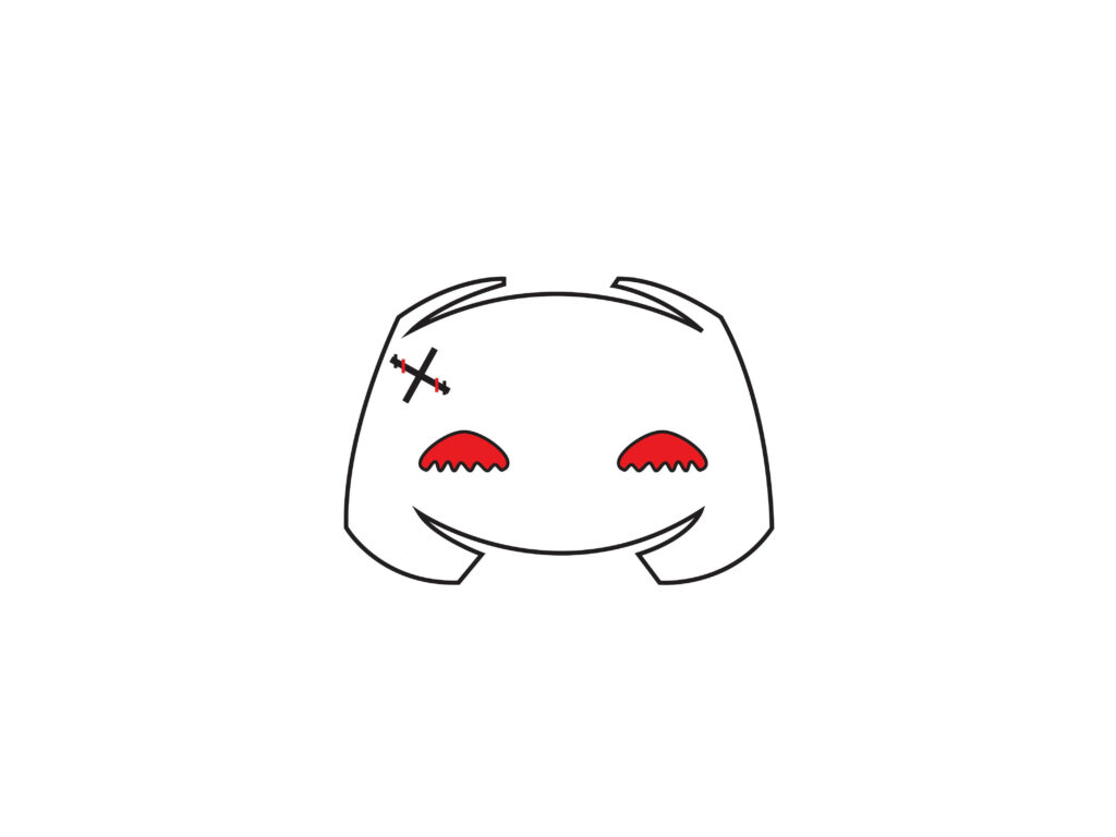 Minimalist Halloween Discord logo wallpaper with stitched red eyes and playful scar on white background