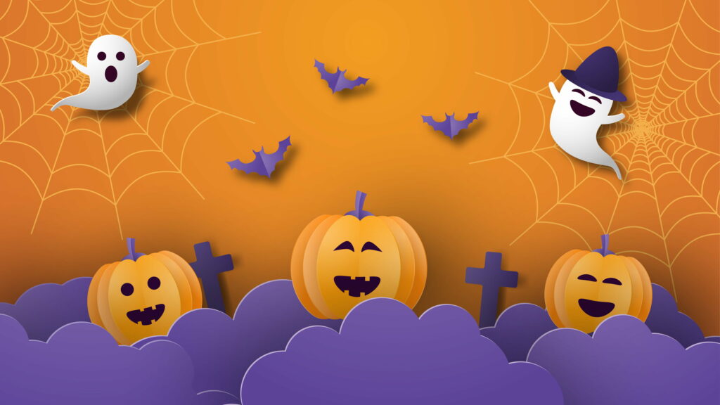 Cute Happy Ghosts, Spider Bats, and Pumpkins Cross Paths on Orange Halloween Wallpaper Background