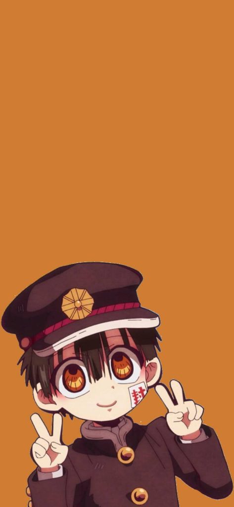 Hanako-kun anime wallpaper vibrant orange background double peace sign black uniform seal cheek