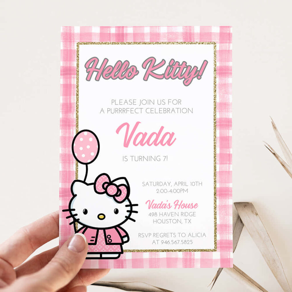 Hello Kitty Birthday Invitation Wallpaper with Pink Plaid Border