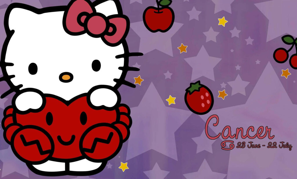Whimsical Hello Kitty Cancer Zodiac Wallpaper - Purple Stars & Apples
