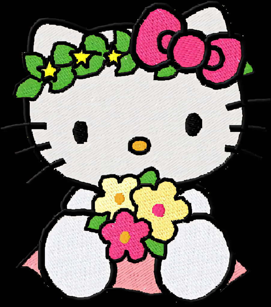 Charming Hello Kitty Floral Embroidery Wallpaper with Pink Bow