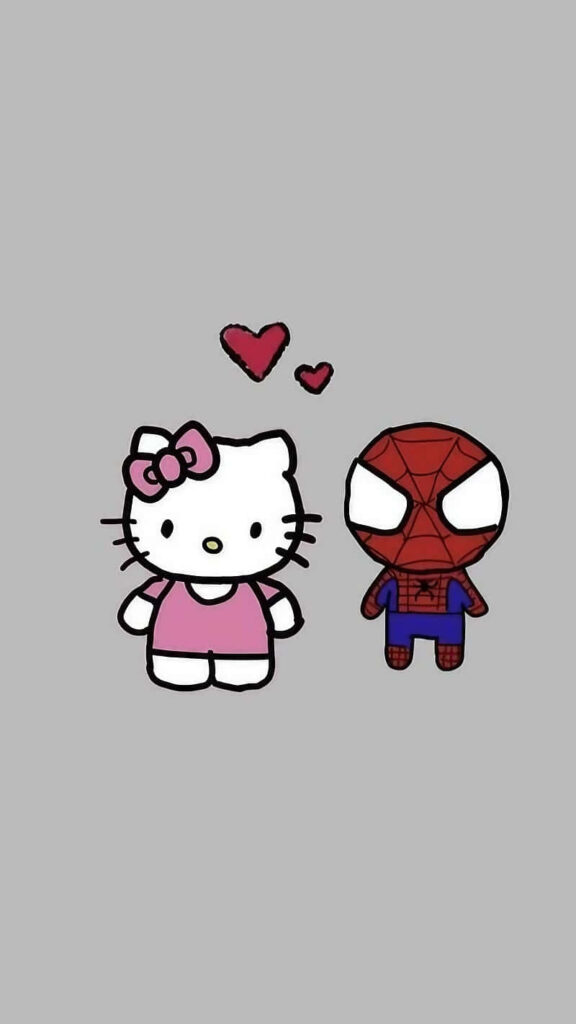 Adorable Hello Kitty & Mini Spider-Man Wallpaper with Floating Hearts