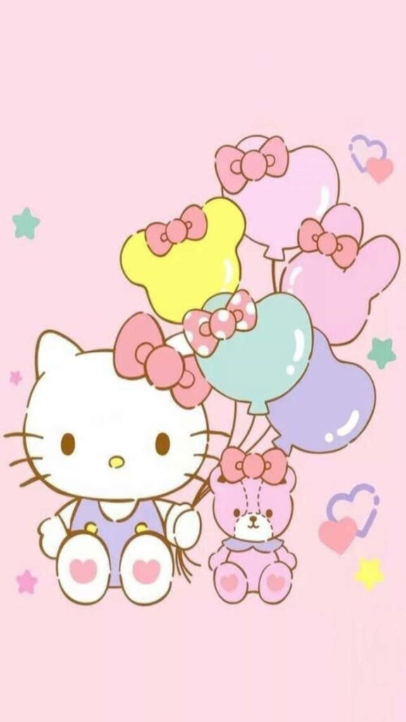Pastel Hello Kitty Wallpaper with Balloons & Plush Bear Background