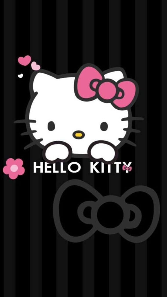 Adorable Hello Kitty Phone Wallpaper: Black, Pink Hearts & Flowers