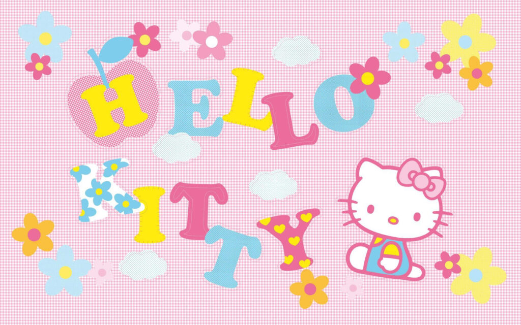 Hello Kitty Colorful Pink Wallpaper with Flowers & Checkered Pattern