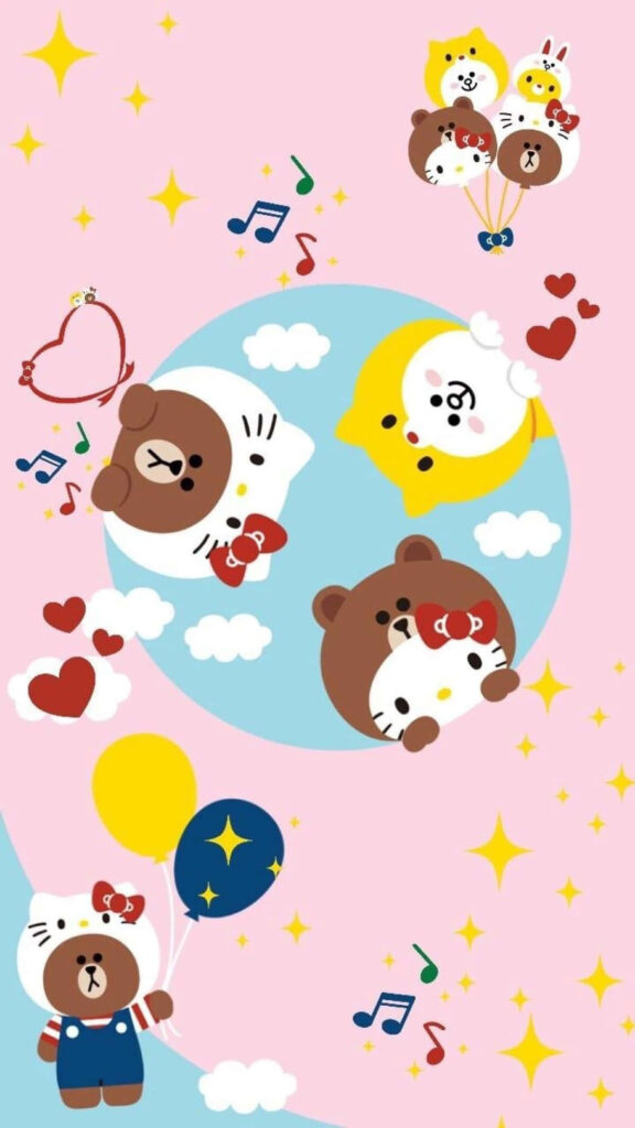 Colorful Hello Kitty & Friends Wallpaper with Balloons & Clouds