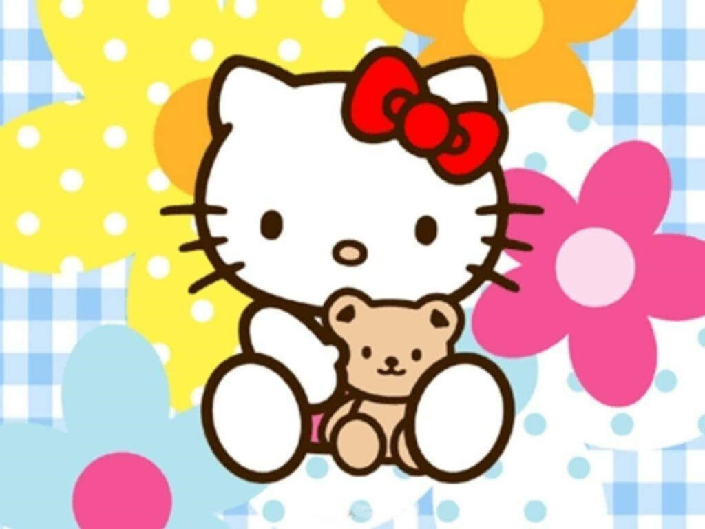 Adorable Hello Kitty Wallpaper with Teddy Bear & Colorful Flowers