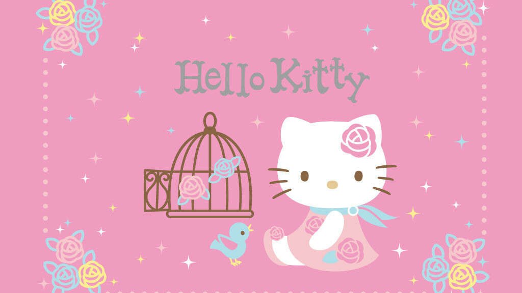 Whimsical Hello Kitty Wallpaper: Pastel Pink with Roses & Charm