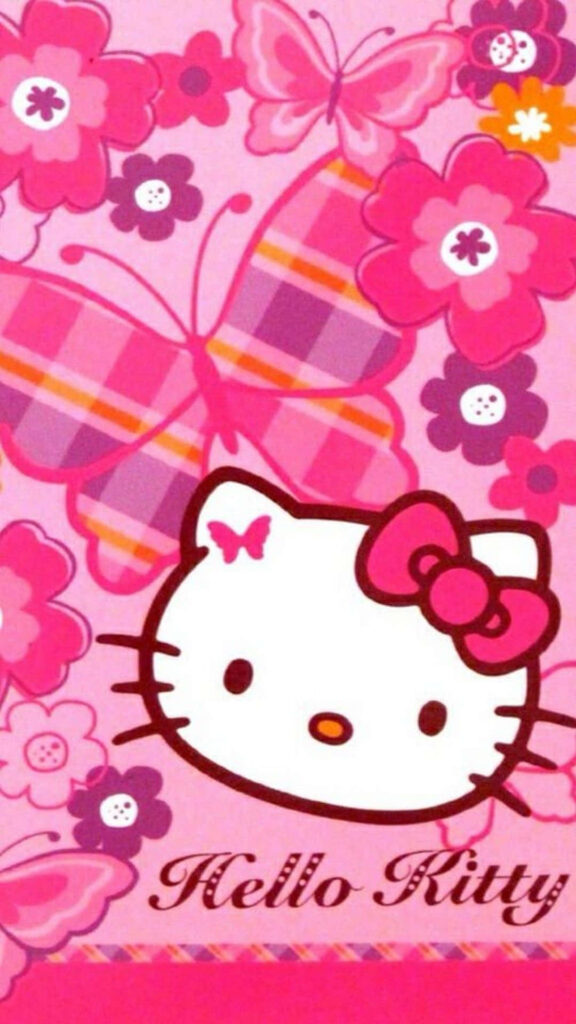 Charming Hello Kitty Pink Wallpaper with Butterflies & Flowers