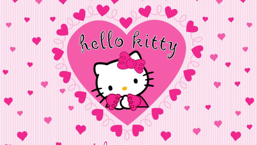 Charming Hello Kitty Wallpaper with Pink Hearts on Striped Background